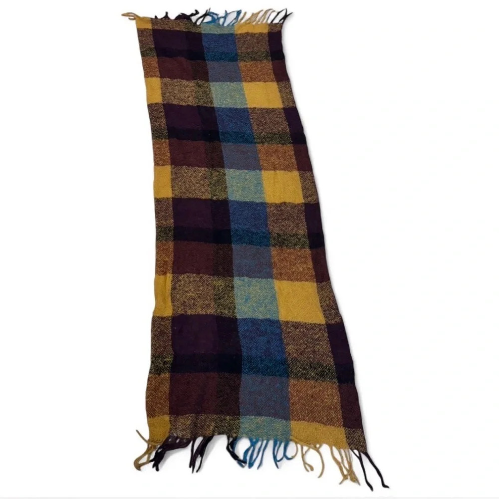 Oversized Plaid Blanket Scarf Mustard Purple Teal Chunky Fringe Cozy Wrap